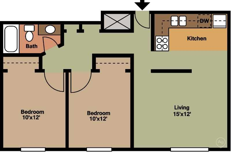 Floor plan for 2 beds, 1 bath, 750 sqft
